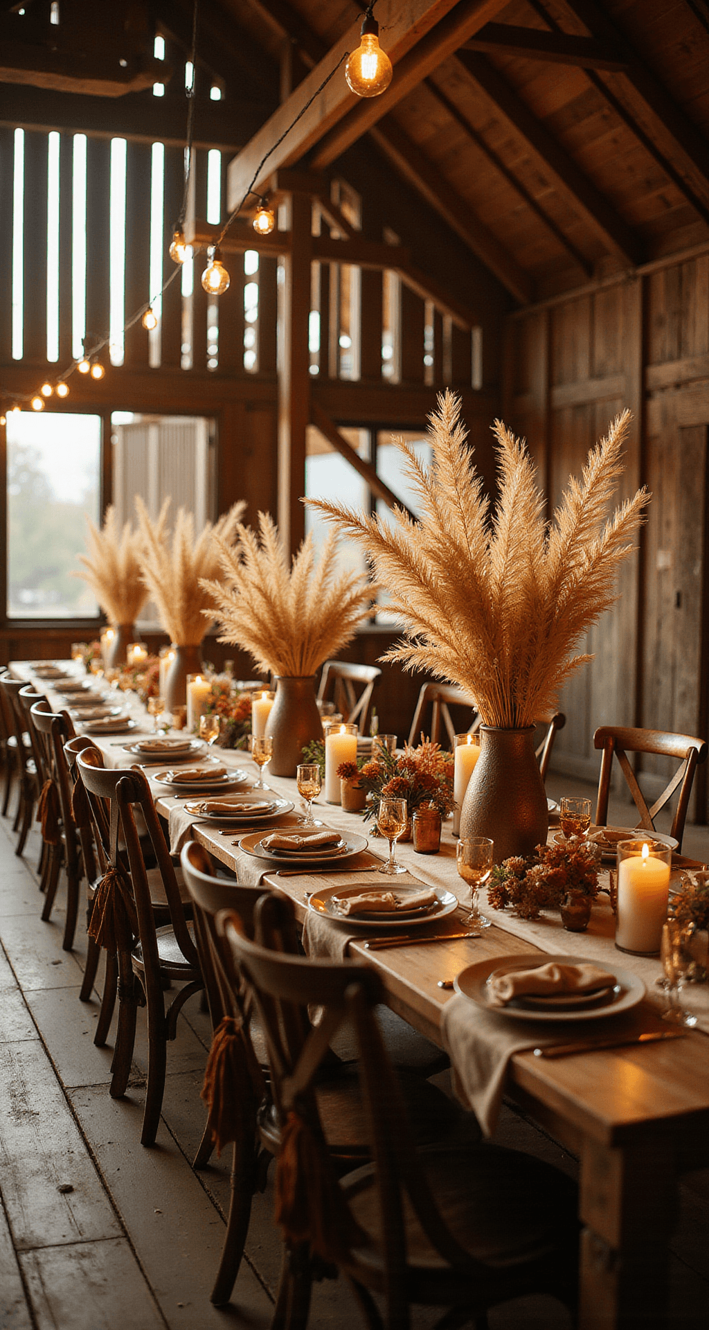 Brown Wedding Decor: The Complete Guide to Creating a Warm, Sophisticated Celebration A wide-angle shot of a rustic barn wedding reception, illuminated by golden hour light filtering through wooden slat walls, featuring long farm tables with taupe linen runners, bark charger plates, amber glass goblets, and tall pampas grass centerpieces set beside pillar candles, all complemented by crossback chairs tied with chocolate brown ribbons under warm Edison bulb string lights.