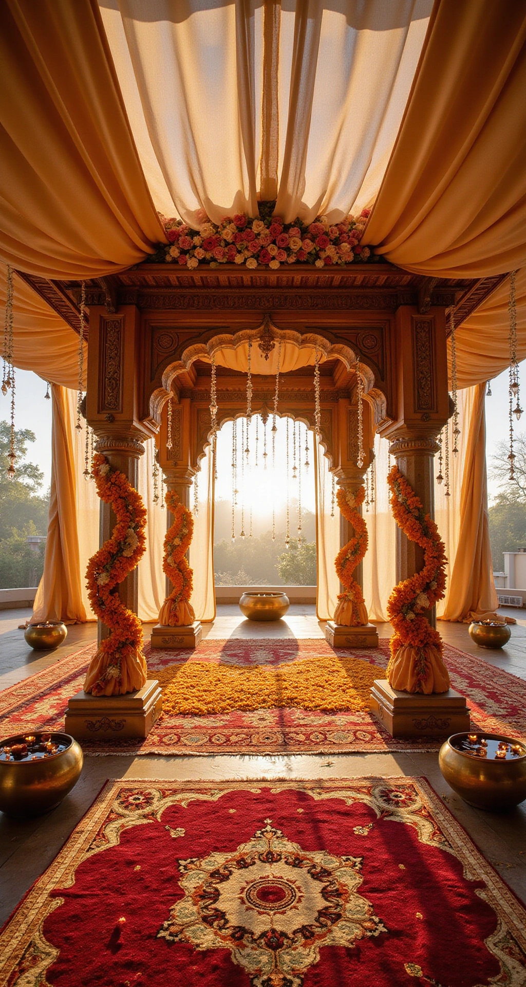 Indian Wedding Decor: The Complete Guide to Creating a Stunning, Cohesive Look From Mandap to Tablescape Wide-angle shot of an opulent Indian wedding mandap with carved wooden pillars adorned with marigold garlands and jasmine strings, draped in vibrant silk sarees, set against a backdrop of an intricate rangoli and warm ambient lighting.