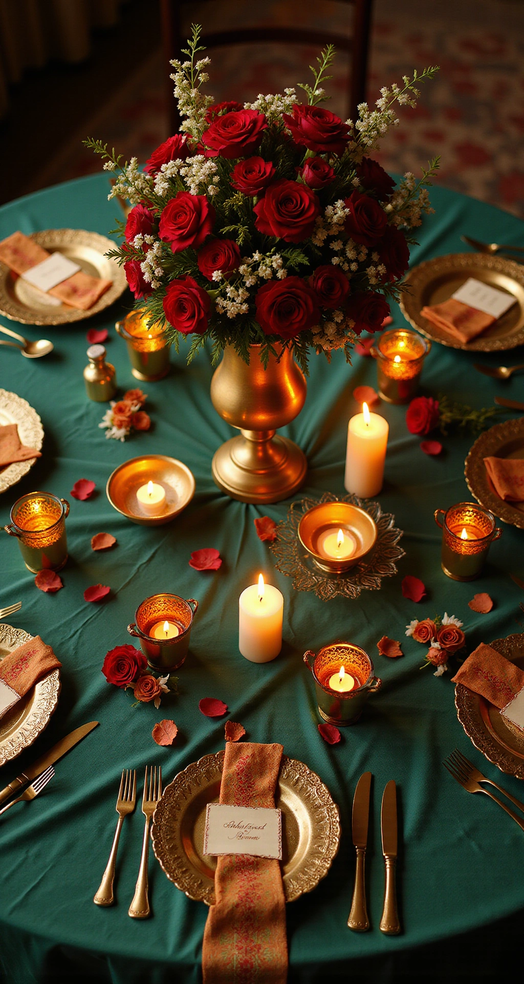 Indian Wedding Decor: The Complete Guide to Creating a Stunning, Cohesive Look From Mandap to Tablescape Overhead flat-lay shot of a luxurious Indian wedding reception table set with emerald silk linen, a towering centerpiece of ruby red roses and marigold clusters, flickering brass diyas, amber glass votives, marigold petals, ivory place cards, and ornate ceramic dinner plates with lotus-folded napkins, all illuminated by warm candlelight.