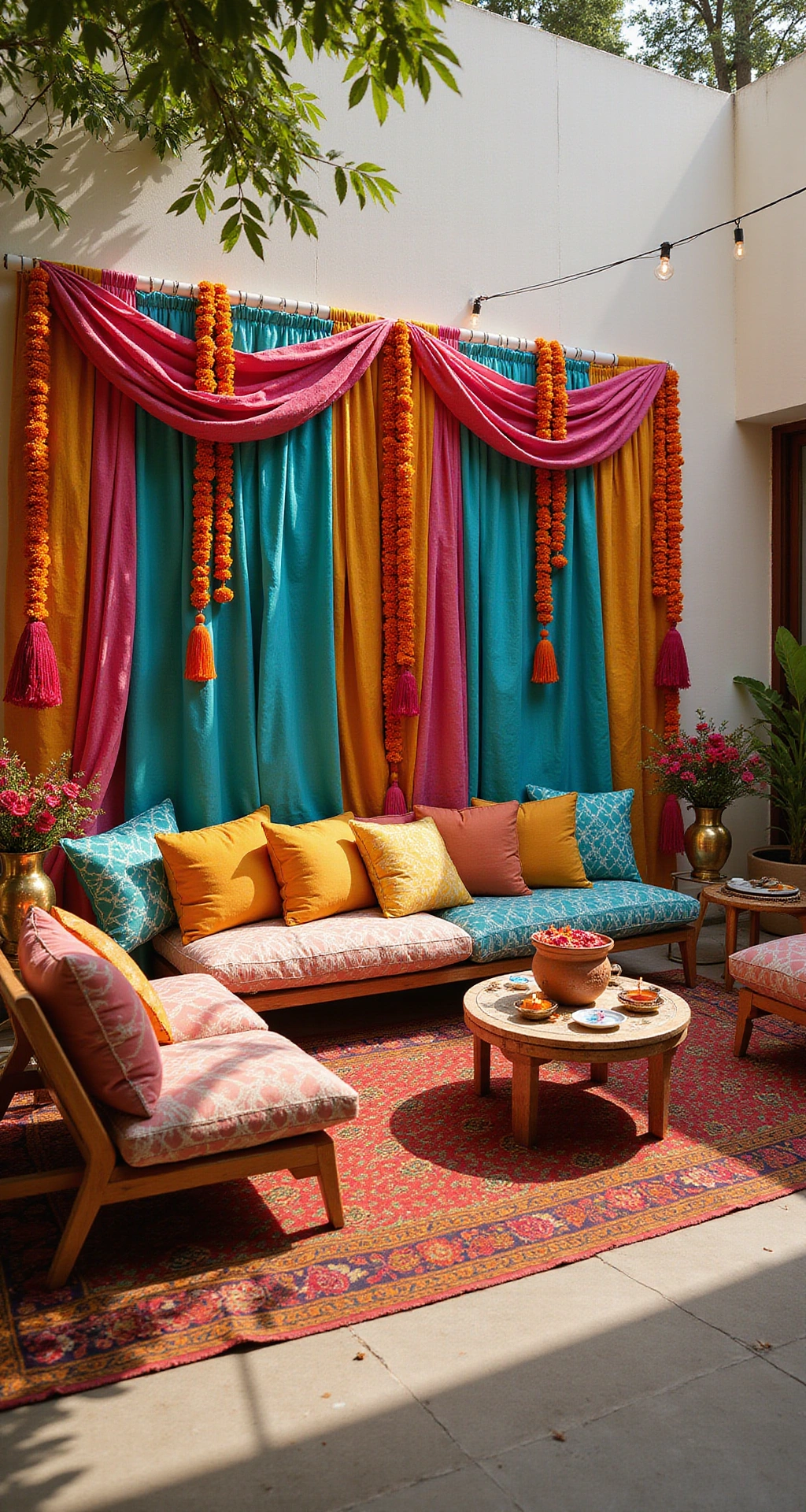 Indian Wedding Decor: The Complete Guide to Creating a Stunning, Cohesive Look From Mandap to Tablescape A vibrant Indian mehendi event in a sunlit courtyard with layered bandhani dupattas in turquoise, hot pink, and saffron as a backdrop, adorned with marigold garlands and fairy lights. Colorful dhurrie rugs and velvet cushions provide floor seating, while terracotta pots filled with marigolds and brass urlis with floating rose petals add to the festive atmosphere, all under dappled natural light.