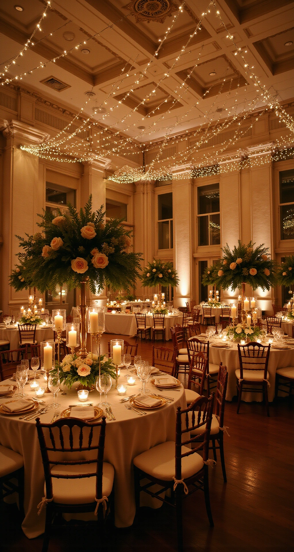 Transform Your Wedding Into a Romantic Dream: The Ultimate Guide to Wedding Lighting Decor A warmly lit grand ballroom set for an intimate 100-guest wedding reception, featuring ornate ceilings draped with fairy lights, fluted marble columns with amber uplighting, and elegantly decorated tables with ivory linens, flickering candles, and lush floral centerpieces, all creating a romantic atmosphere.