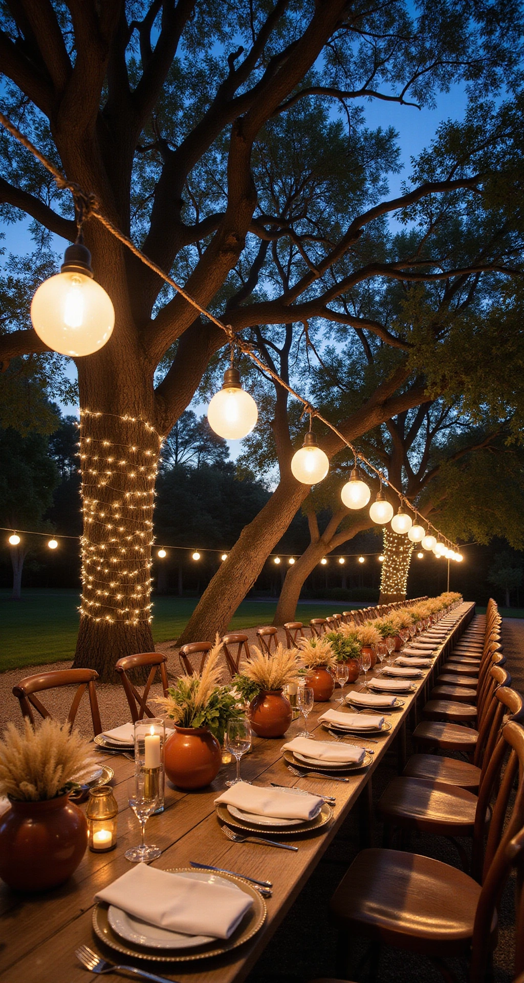 Transform Your Wedding Into a Romantic Dream: The Ultimate Guide to Wedding Lighting Decor A cinematic dusk shot of a garden wedding reception for 75 guests, featuring a glowing Edison bulb canopy, wrapped trees with fairy lights, warm amber hues against a cobalt-blue sky, weathered teak tables with ivory linens and low terracotta centerpieces, and a natural color palette of terracotta, sage, and amber.