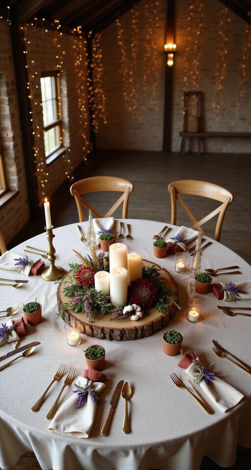 Transform Your Wedding Into a Romantic Dream: The Ultimate Guide to Wedding Lighting Decor Overhead flat-lay of a rustic barn wedding reception table, featuring warm candlelight, wildflower and dried wheat centerpiece on a live-edge oak slice, surrounded by hammered brass candlesticks, terracotta herb pots, and mismatched antique silverware, set against a backdrop of cascading fairy lights.