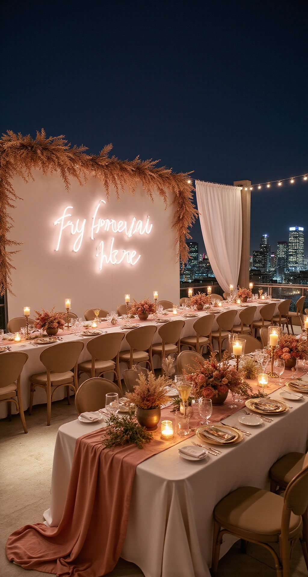 Transform Your Wedding Into a Romantic Dream: The Ultimate Guide to Wedding Lighting Decor Cinematic wide-angle view of an elegant wedding reception on a modern rooftop terrace at night, featuring rose gold neon signage, softly illuminated floral centerpieces, and a chic color palette of blush, champagne, and rose gold against a glittering city skyline.
