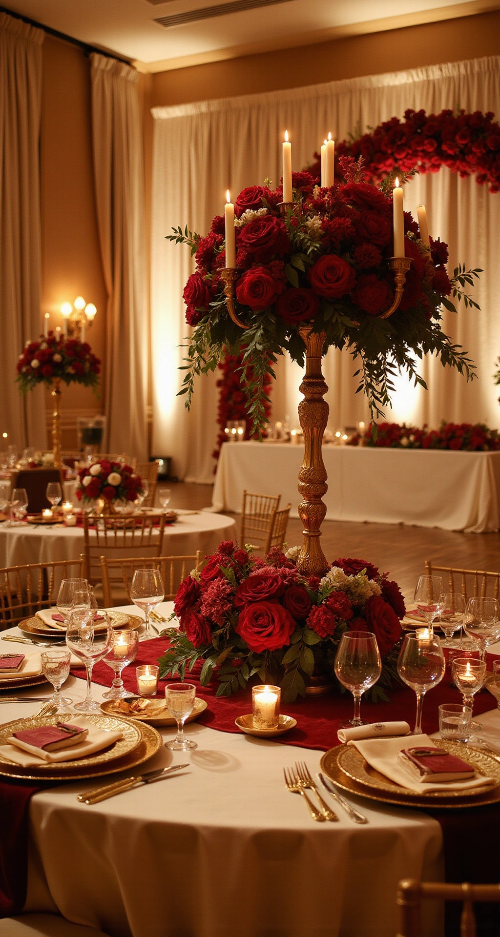 Red Wedding Decor: The Ultimate Guide to Creating a Bold, Romantic Celebration A grand indoor ballroom elegantly adorned with golden candlelight, featuring round tables draped in ivory silk and topped with crimson velvet runners and lush floral centerpieces, under warm amber uplighting and framed by sheer ivory drapery.