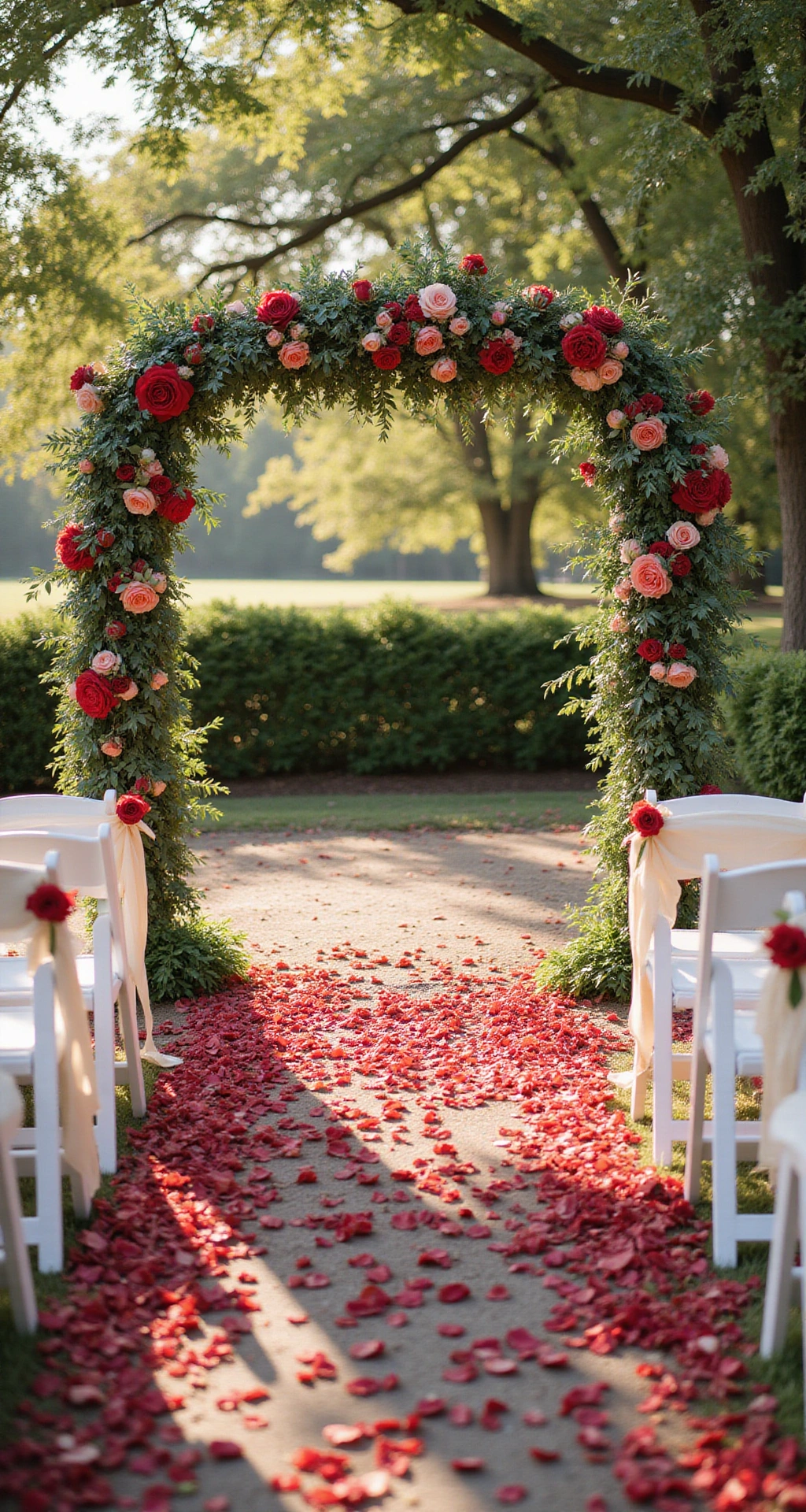 Red Wedding Decor: The Ultimate Guide to Creating a Bold, Romantic Celebration A romantic garden ceremony at golden hour featuring a rose-petal aisle in crimson bloom leading to an asymmetrical floral arch adorned with eucalyptus, olive branches, and clusters of red roses, coral ranunculus, and blush peonies. White folding chairs line the aisle with bundles of red hypericum berries tied in ivory ribbon, while cream linen chair sashes flutter in the warm light. Dappled sunlight filters through the trees, casting gentle shadows across the scene.