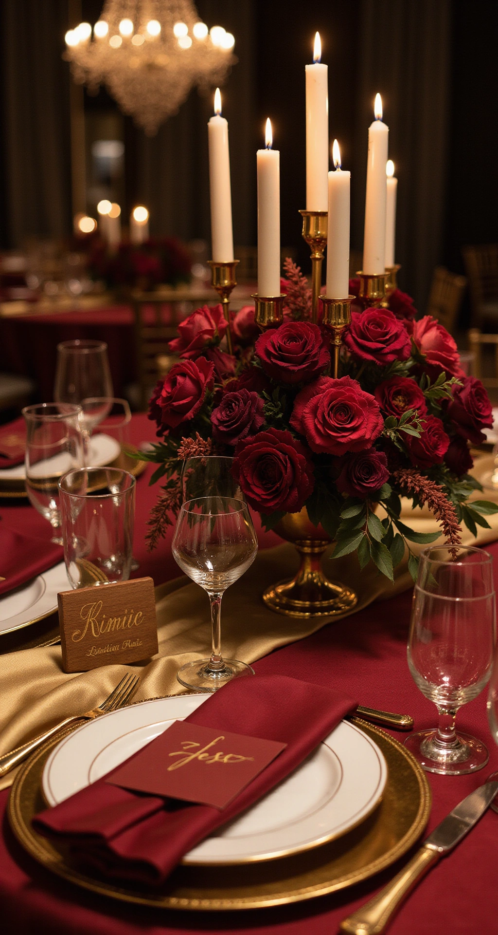 Red Wedding Decor: The Ultimate Guide to Creating a Bold, Romantic Celebration Close-up detail of a luxurious sweetheart table for two, featuring a deep red velvet tablecloth, gold satin overlay, and an opulent floral centerpiece with burgundy dahlias and crimson roses. Elegant place settings include gold-rimmed charger plates, scarlet napkins, and personalized gold calligraphy cards, illuminated by flickering candles in gold mercury glass holders. The intimate atmosphere is enhanced by warm lighting and a personalized wooden sign.