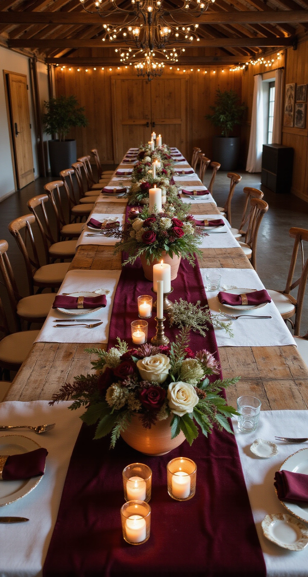 Red Wedding Decor: The Ultimate Guide to Creating a Bold, Romantic Celebration A cozy rustic barn reception at twilight, featuring long wooden farmhouse tables adorned with ivory linen tablecloths, deep burgundy velvet runners, and unstructured floral centerpieces in terracotta vessels, illuminated by warm candlelight and Edison bulb string lights overhead.