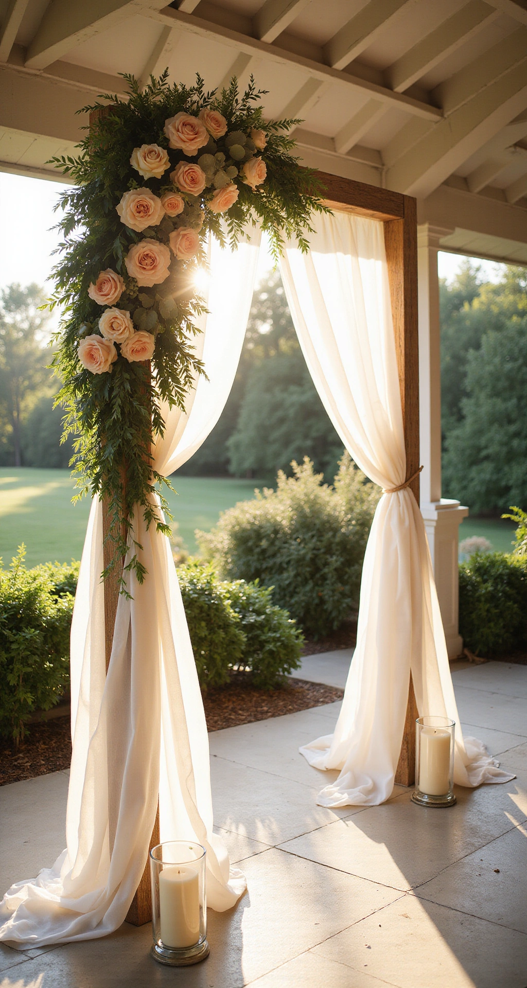 How to Create Stunning Wedding Arch Decor That'll Make Your Guests Gasp Wide-angle shot of a dreamy wedding ceremony arch in a garden pavilion at golden hour, featuring sheer ivory chiffon draping, asymmetrical floral arrangements of blush roses and cream peonies, and soft sunlight creating a glowing halo effect.