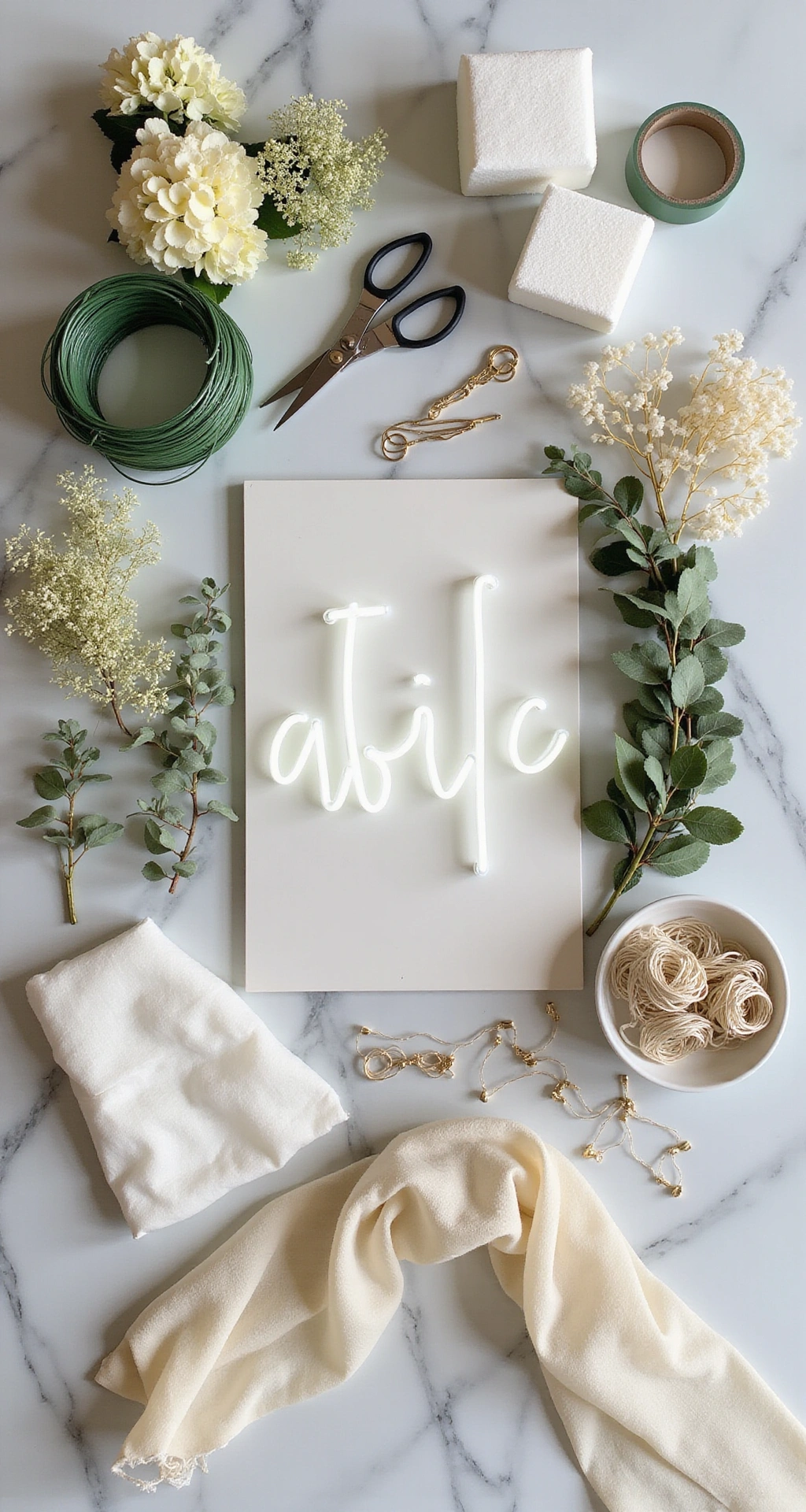 How to Create Stunning Wedding Arch Decor That'll Make Your Guests Gasp Overhead flat-lay of a professional wedding arch styling toolkit on a marble countertop, featuring floral wire, green tape, pruning shears, oasis foam, creamy hydrangea, eucalyptus, ivory organza, warm fairy lights, a neon monogram sign, and organized zip ties in a bowl, all in a soothing palette of ivory, sage green, and muted botanical tones.