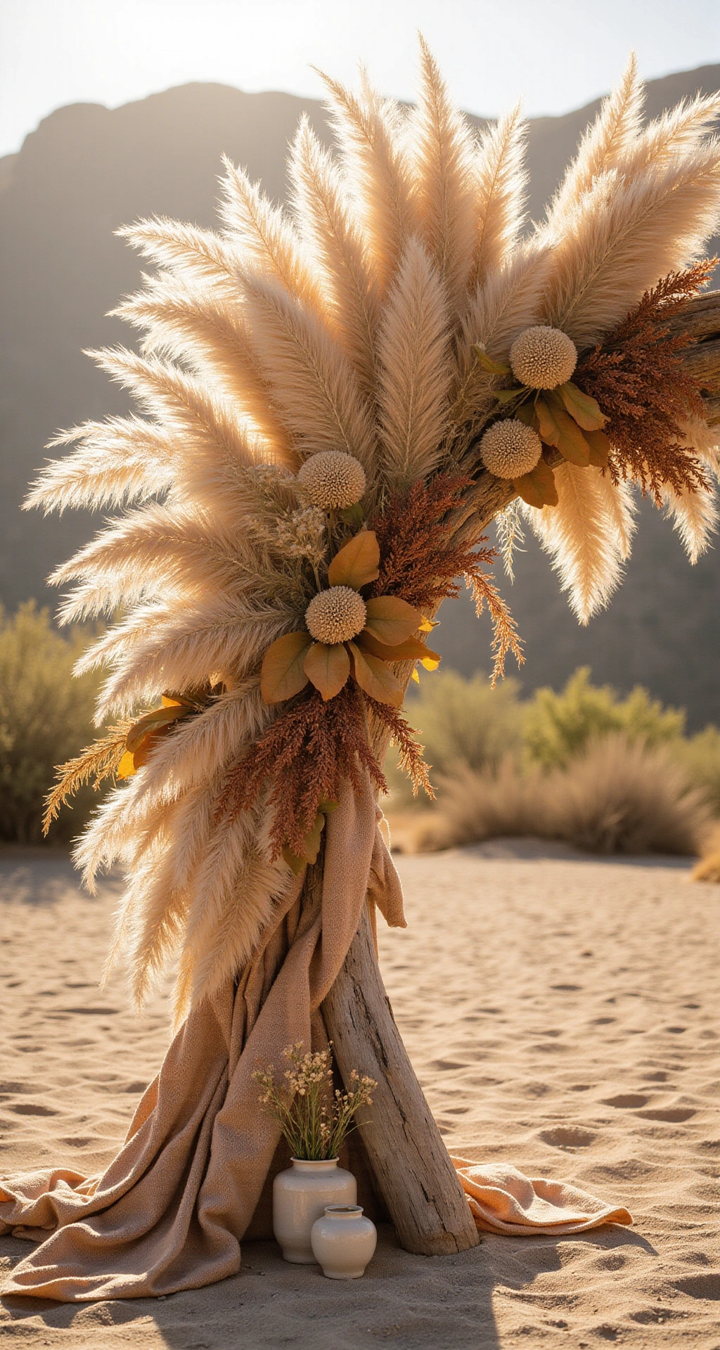 How to Create Stunning Wedding Arch Decor That'll Make Your Guests Gasp Close-up of a boho pampas grass half-arch featuring cream and blush plumes, dried bunny tails, and preserved magnolia leaves, set against a sunlit canyon during golden hour. Earth-tone textiles and ceramic vases enrich the romantic, ethereal mood, with a soft bokeh of golden hills in the background.