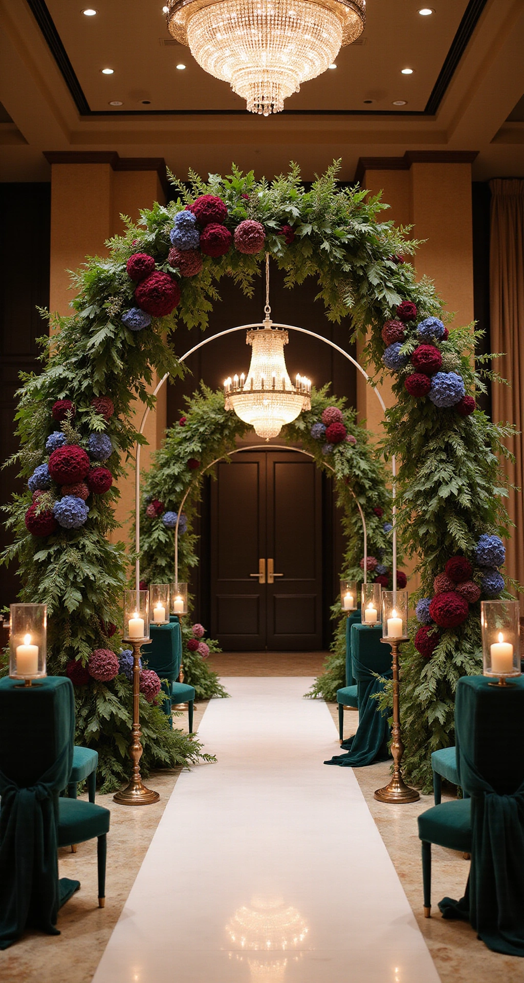 How to Create Stunning Wedding Arch Decor That'll Make Your Guests Gasp Cinematic wide-angle view of a grand wedding ceremony in a ballroom featuring oversized circular metal arches adorned with jewel-toned florals, crystal chandeliers, and a velvet-accented aisle, creating a dramatic and romantic atmosphere.