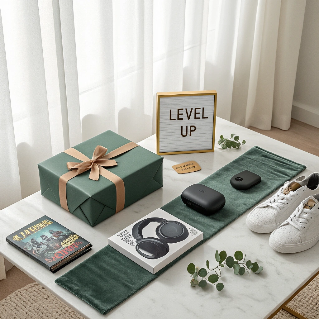 The Ultimate Guide to Gifts for Boys That Actually Get Used (Not Shoved in a Closet) Cinematic overhead shot of a stylishly arranged gift table in a modern apartment, featuring a white marble countertop with gray velvet runners, gifts in matte charcoal and forest green paper, a graphic novel, gaming headset, portable charger, sneakers, and a minimalist 'Level Up' sign, accented with eucalyptus sprigs and black candles, all bathed in soft afternoon light.