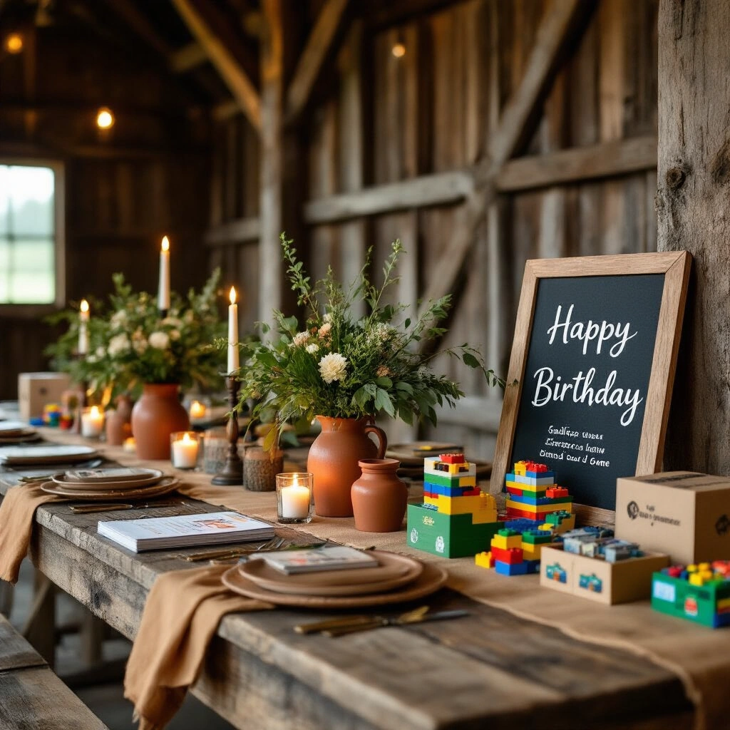 The Ultimate Guide to Gifts for Boys That Actually Get Used (Not Shoved in a Closet) Close-up of a rustic barn venue set for a tween boy's birthday, featuring weathered wood tables with terracotta and sage green linens, candle holders, wild greenery centerpieces, LEGO boxes, personalized chalkboard, party favors, and Edison string lights, all creating a cozy, festive atmosphere.