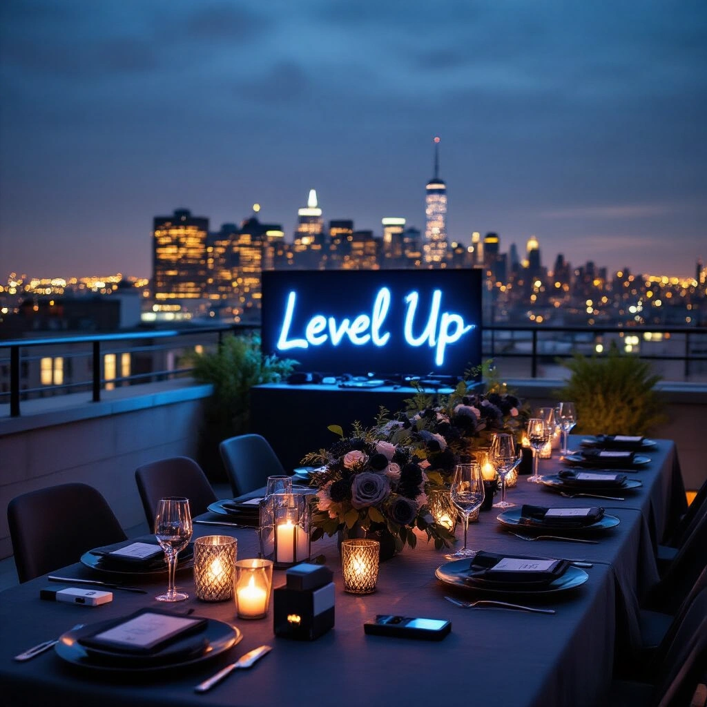 The Ultimate Guide to Gifts for Boys That Actually Get Used (Not Shoved in a Closet) Wide shot of a stylish rooftop terrace birthday celebration for a teenage boy, featuring fairy lights, a city skyline, communal tables with charcoal linen and matte black settings, dark floral centerpieces, a tech display corner with gift-wrapped gadgets, and a neon sign reading 'Level Up' in electric blue.