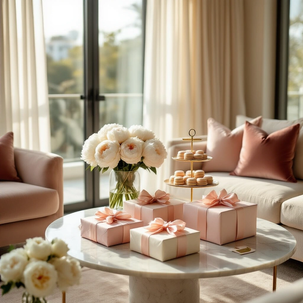 The Ultimate Guide to Gifts for Her: Real Ideas That Actually Get Unwrapped A sunlit modern apartment living room adorned with luxurious gift-wrapping elements, featuring blush pink and cream gifts, fresh white peonies, velvet cushions, and a macaron tower, all beautifully arranged for a cozy celebration.
