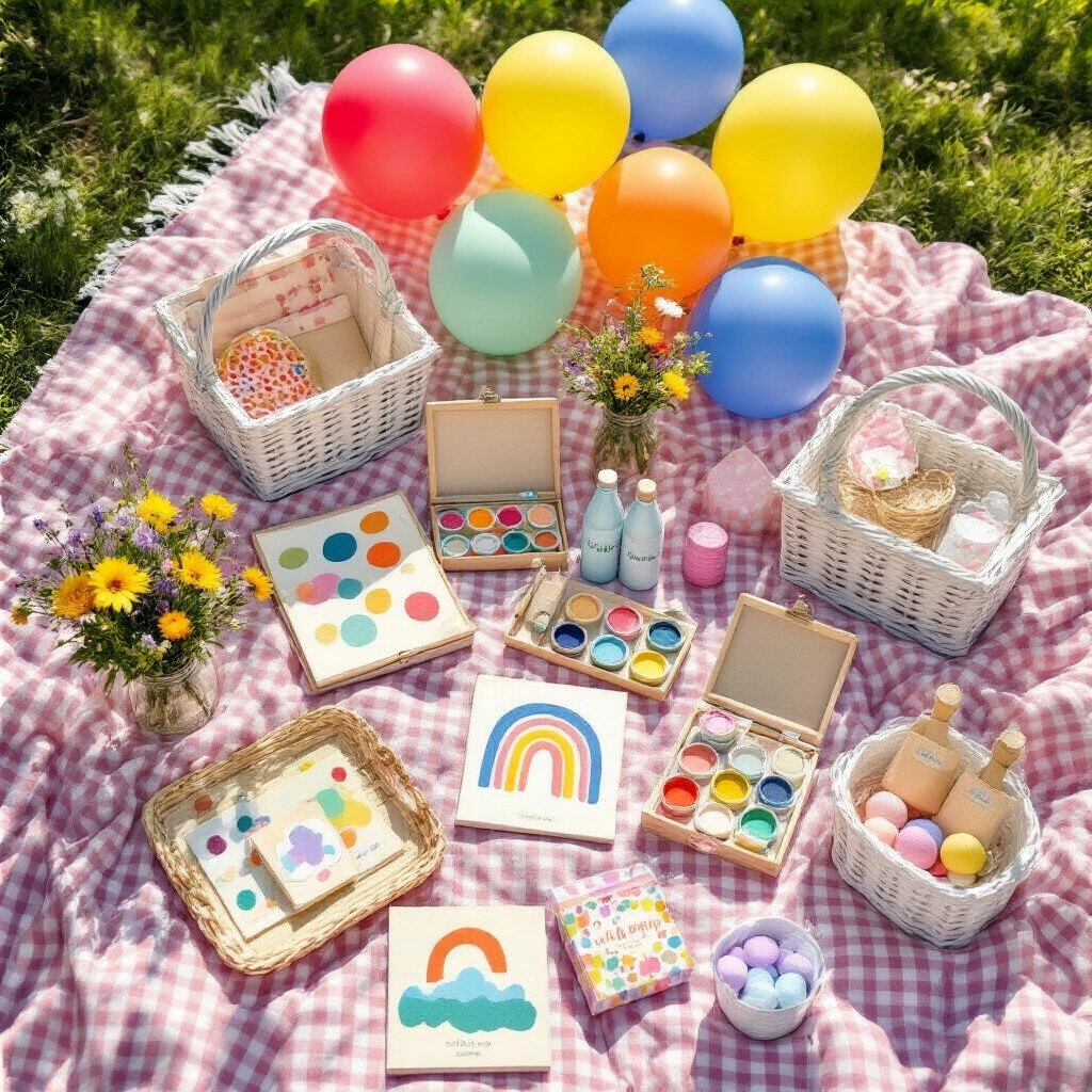 The Ultimate Guide to Gifts for Her: Real Ideas That Actually Get Unwrapped Overhead flat-lay of a whimsical children's birthday party setup on a pastel rainbow gingham blanket, featuring DIY craft kits, scratch-art pads, paint sets, bath bomb supplies, and colorful balloons, with personalized water bottles and wildflowers in mason jars, all illuminated by natural sunlight.