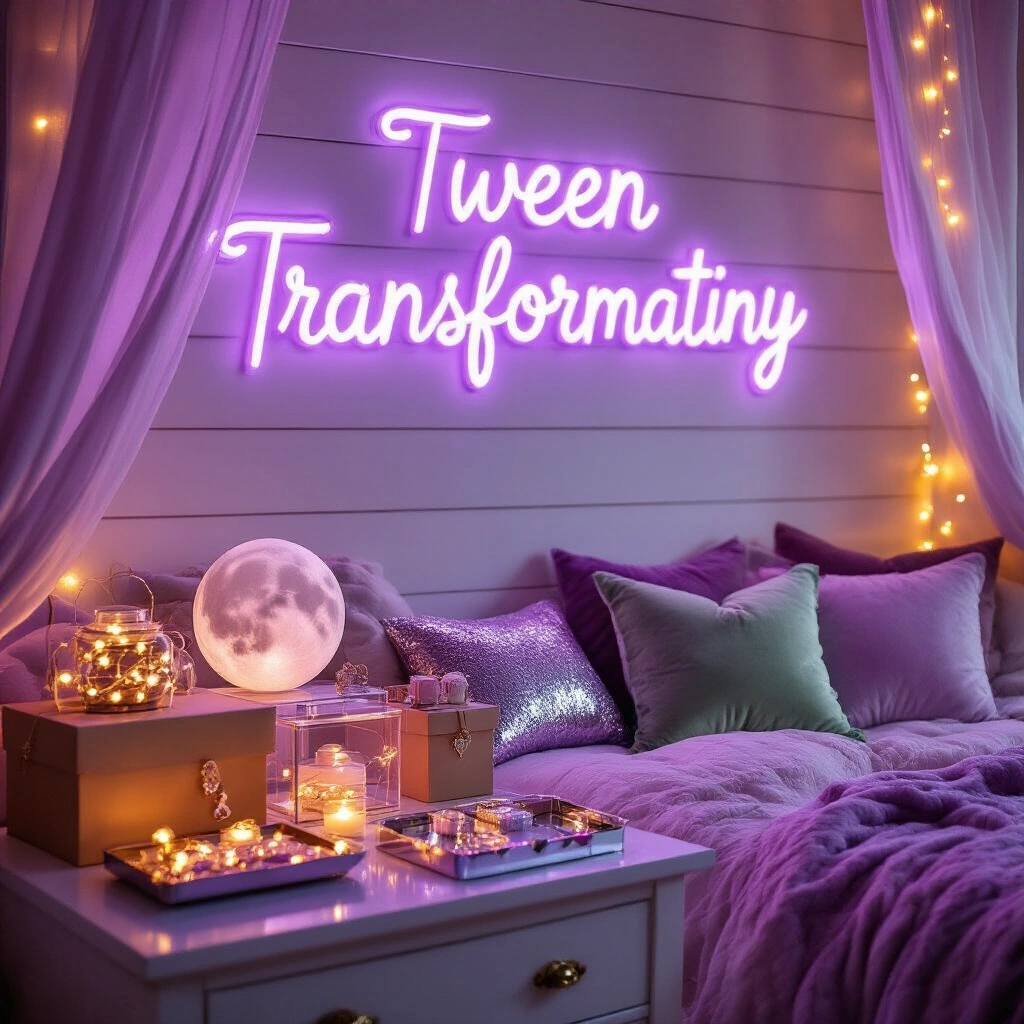 The Ultimate Guide to Gifts for Her: Real Ideas That Actually Get Unwrapped Cinematic close-up of a whimsical tween girl's bedroom transformation party, featuring a glowing lavender LED sign, styled gift table with moon lamps and sequin pillows, layered velvet cushions on a daybed, personalized jewelry on a mirrored tray, and soft fairy lights, all illuminated during golden hour.