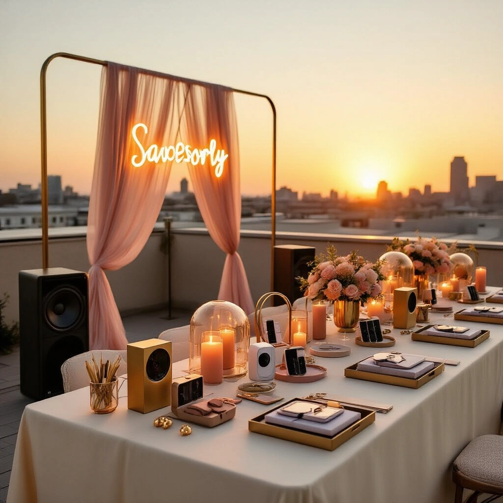 The Ultimate Guide to Gifts for Her: Real Ideas That Actually Get Unwrapped A luxurious teen birthday celebration on a rooftop terrace at sunset, featuring elegantly styled tables with gold earbuds, cameras, and decorative lamps, surrounded by soft draping and warm LED signage against a city skyline backdrop.