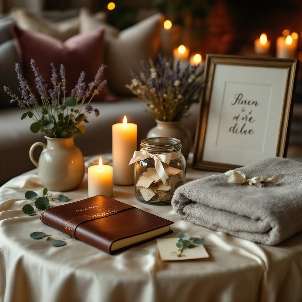 Farewell Gifts for Seniors That Actually Mean Something (Not Another Generic Mug) A cozy living room set for an intimate farewell gathering, featuring a low round table with thoughtful gifts, including a leather-bound journal, a handwritten memory jar, and a plush throw blanket, all illuminated by soft amber candlelight. The scene is adorned with velvet cushions in dusty rose and sage, aged ceramic vases with fresh eucalyptus and dried lavender, and a framed vintage-style group photo, evoking a warm, nostalgic atmosphere.