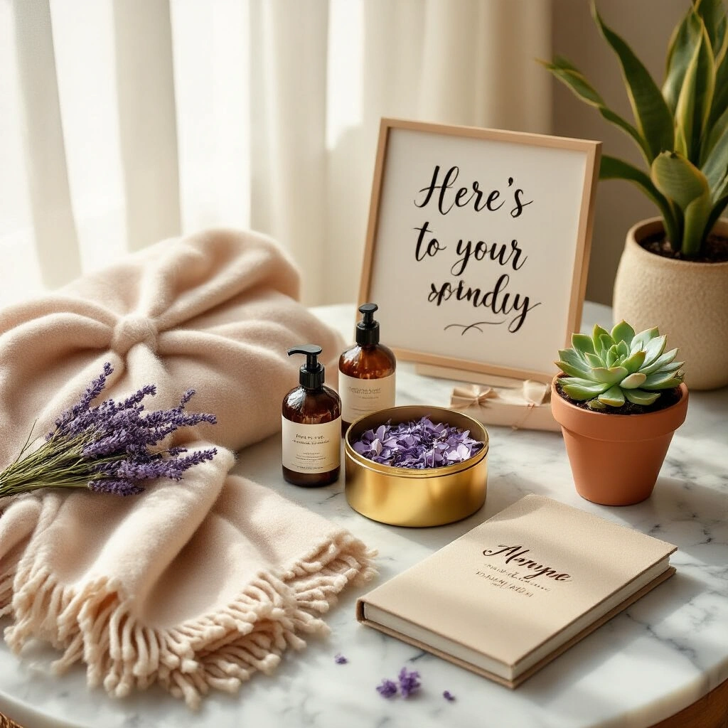 Farewell Gifts for Seniors That Actually Mean Something (Not Another Generic Mug) Overhead view of a beautifully styled farewell gift table featuring a cashmere throw, lavender hand creams, a keepsake box with notes, a succulent, and a scrapbook, all set in warm morning light with soft blush, ivory, and gold accents, and a personalized sign reading 'Here's to Your Next Chapter.'