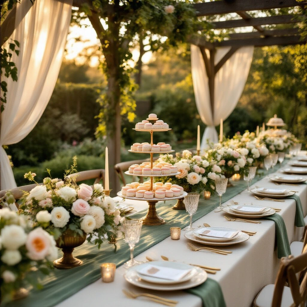 Farewell Gifts for Seniors That Actually Mean Something (Not Another Generic Mug) Elegant farewell party in a backyard garden at golden hour, featuring long tables with ivory linens and sage green runners, adorned with fine dinnerware and a tiered dessert display of farewell-themed cakes and macarons, surrounded by lush floral centerpieces and softly draped ivory panels overhead.