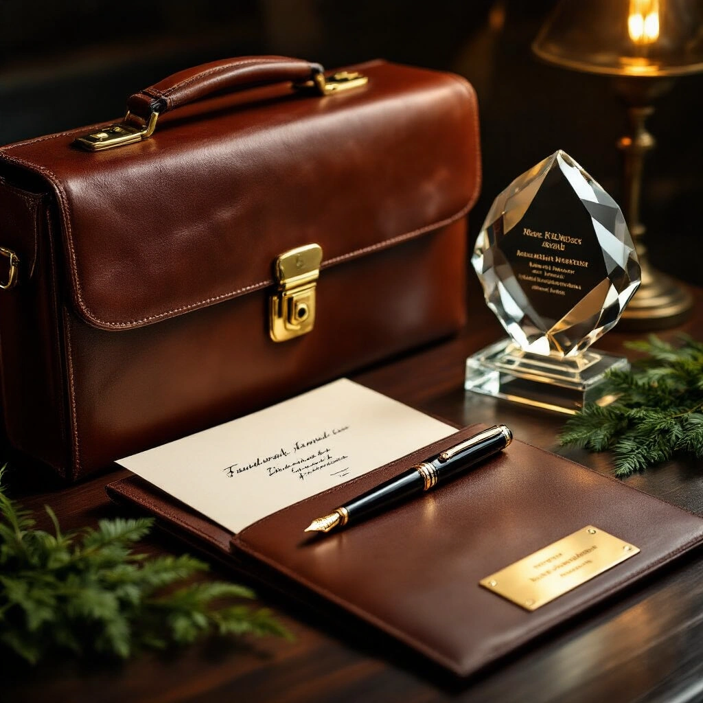 Farewell Gifts for Seniors That Actually Mean Something (Not Another Generic Mug) Close-up of a farewell gift vignette featuring a cognac leather briefcase, engraved silver fountain pen on a leather portfolio, crystal award, ivory farewell letter, green foliage sprigs, and a brushed gold nameplate on a dark walnut desk, illuminated by soft studio lighting.