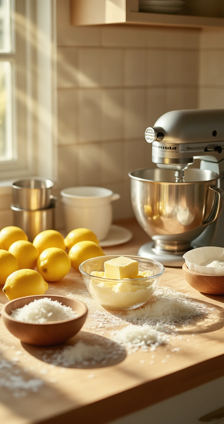 Lemon Coconut Cake: The Bright, Fluffy Layer Cake You'll Make Again and Again A sunlit kitchen countertop filled with yellow lemons, a glass bowl of creamed butter and sugar, shredded coconut, a silver stand mixer, measuring cups with flour, and parchment-lined cake pans, evoking a warm atmosphere of preparation for a lemon coconut cake.