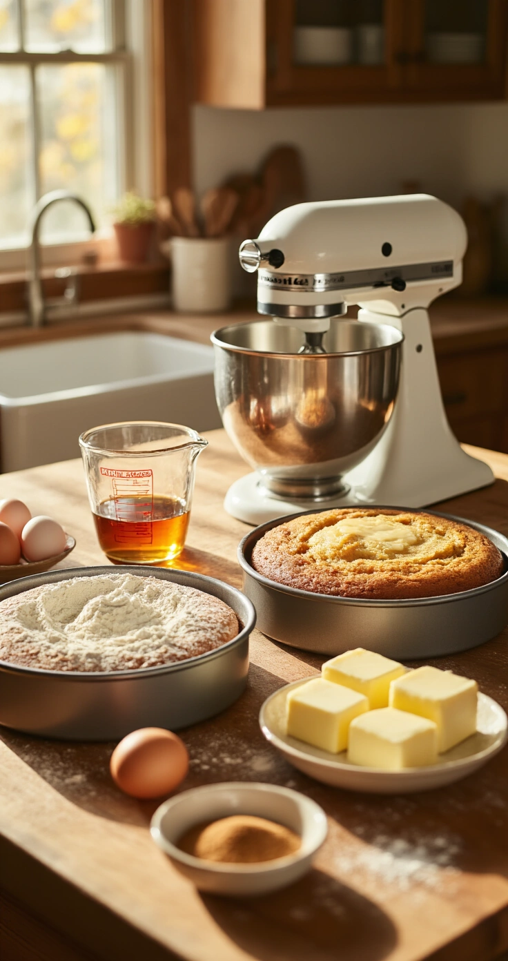 Maple Cinnamon Cake: The Ultimate Recipe for a Perfectly Spiced, Fluffy Layer Cake A rustic kitchen counter warmly lit by afternoon light, featuring ingredients for a maple cinnamon cake, including a stand mixer, flour-dusted cake pans, a cracked egg, a glass measuring cup of maple syrup, soft butter, and a bowl of cinnamon, evoking a cozy autumnal atmosphere.