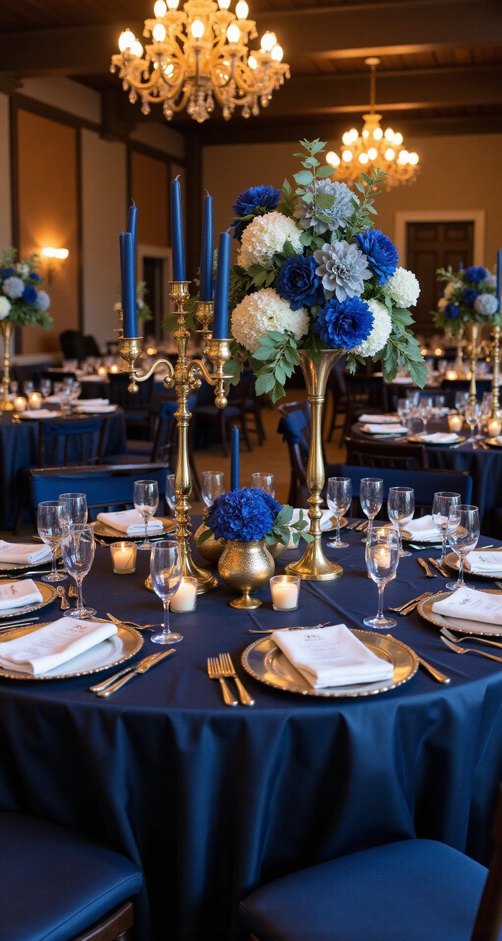 How to Create a Stunning Blue Wedding Decor Theme That Steals Every Spotlight A wide-angle shot of an elegant indoor ballroom decorated for a blue-themed wedding reception, featuring navy silk tablecloths, gold candelabras with navy taper candles, and floral centerpieces with delphinium and hydrangeas. Chiavari chairs with navy velvet sashes surround round tables set with gold flatware and blue-tinted wine goblets, all illuminated by warm Edison bulb chandeliers.