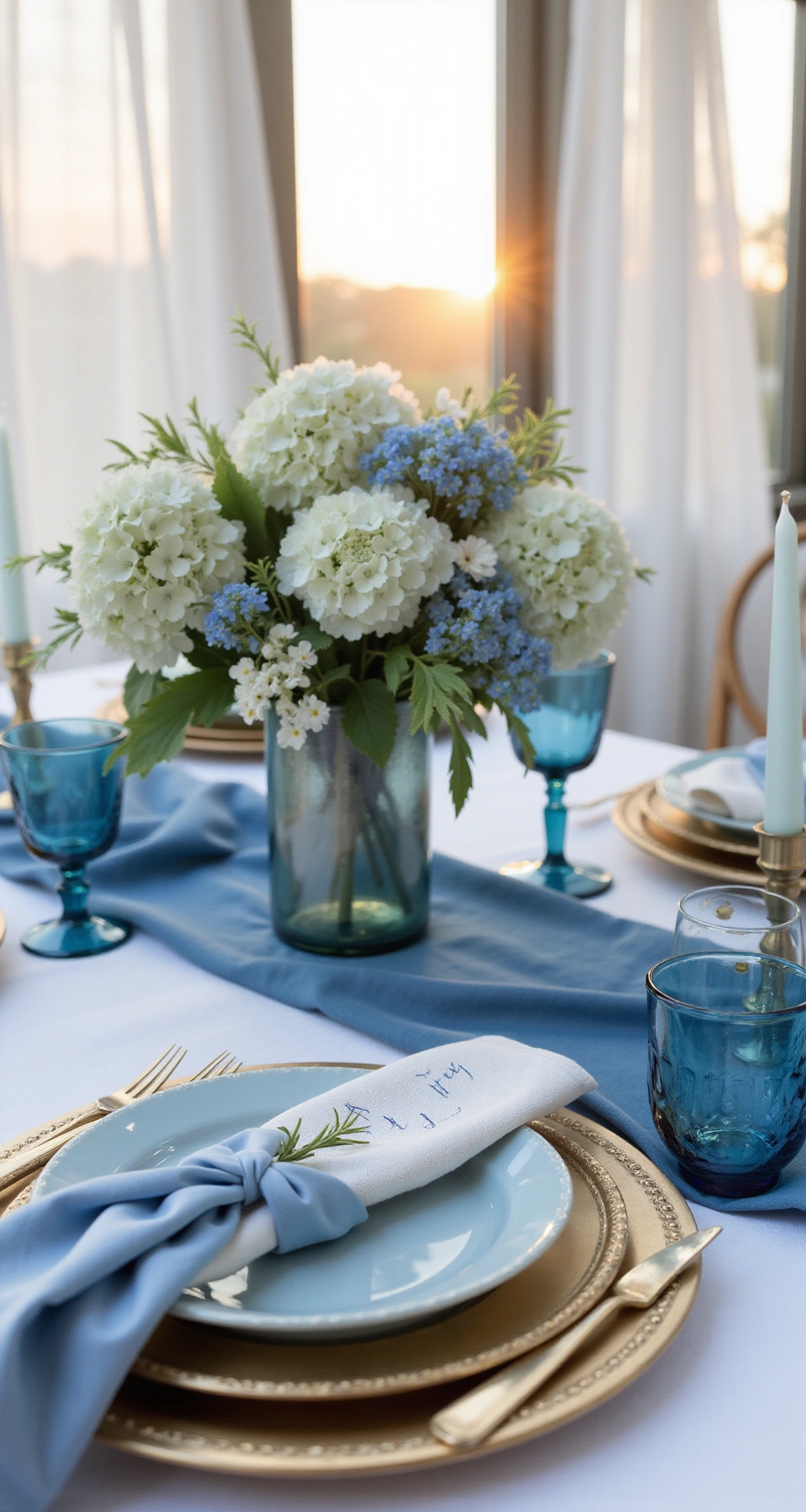 How to Create a Stunning Blue Wedding Decor Theme That Steals Every Spotlight Close-up of an elegant blue wedding tablescape featuring a silk runner and white linen tablecloth, adorned with pale blue florals, antique glass goblets, and beeswax candles, all bathed in soft golden hour light.