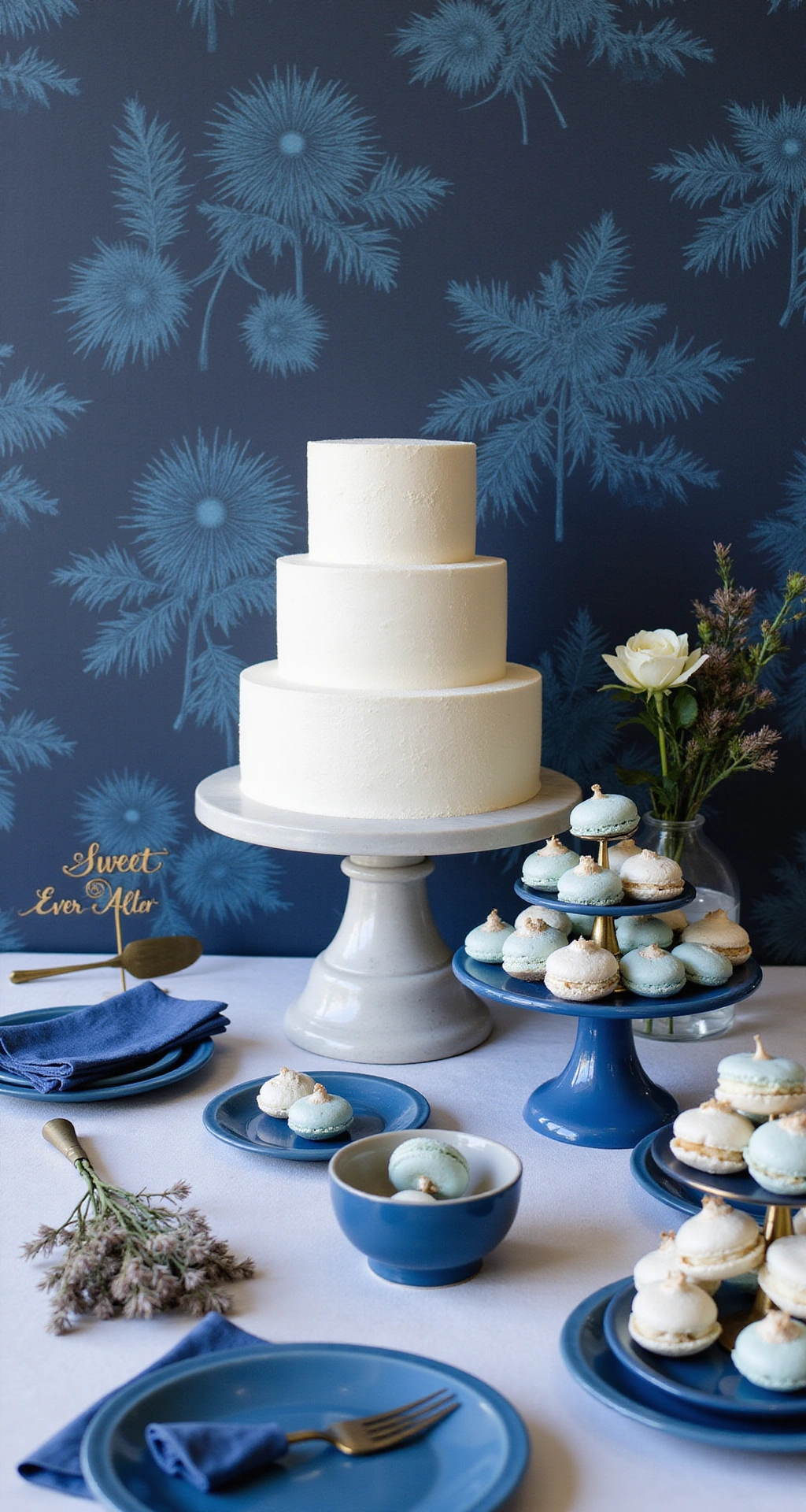 How to Create a Stunning Blue Wedding Decor Theme That Steals Every Spotlight Overhead flat-lay photograph of a blue wedding dessert table featuring a three-tier white fondant cake on a marble stand, surrounded by blue and white desserts, navy linen napkins, and gold accents against a midnight blue floral wallpaper backdrop.