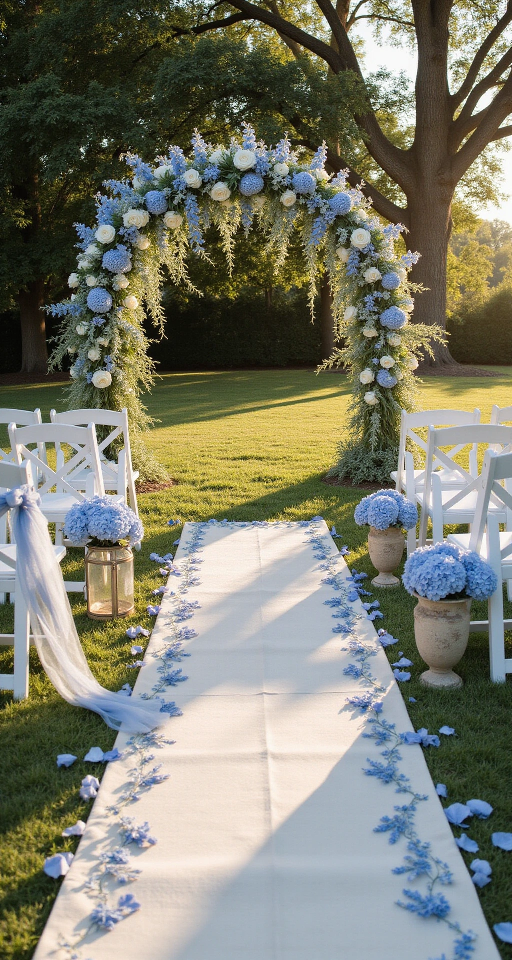 How to Create a Stunning Blue Wedding Decor Theme That Steals Every Spotlight Cinematic wide-angle view of a dreamy outdoor garden wedding ceremony styled in dusty blue and ivory, featuring a floral arch of blue delphinium and white garden roses, lined with ivory wooden chairs tied with sky blue ribbons, illuminated by golden hour sunlight.