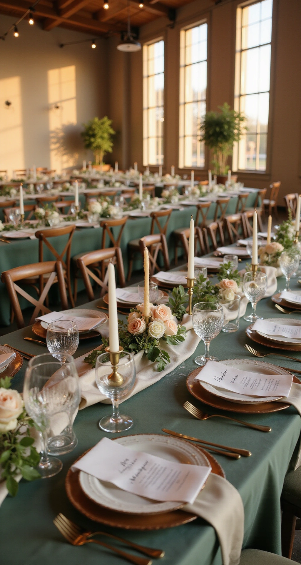 Sage Green Wedding Decor: The Complete Guide to Creating an Enchanting Botanical Celebration A romantic indoor ballroom wedding reception bathed in warm amber light, featuring long banquet tables adorned with sage green linens and ivory silk runners, elegant place settings with wooden chargers, ceramic plates, and champagne-gold flatware, lush floral centerpieces, taper candles, and hand-lettered menus.