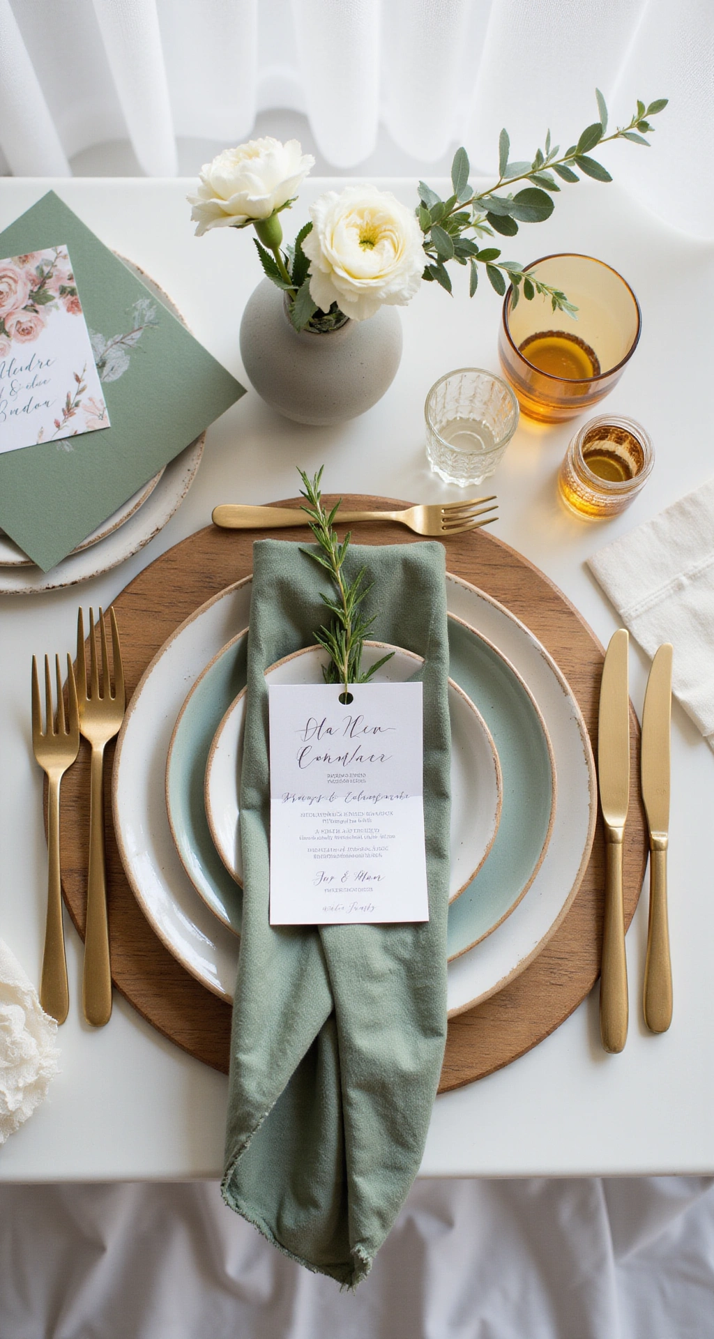 Sage Green Wedding Decor: The Complete Guide to Creating an Enchanting Botanical Celebration Overhead view of a elegantly styled wedding place setting on a white marble surface, featuring a sage-rimmed ceramic plate, ivory salad plate, sage linen napkin with raw silk ribbon, fresh rosemary sprig, white ranunculus in a bud vase, and mismatched glassware, complemented by gold flatware and botanical stationery.