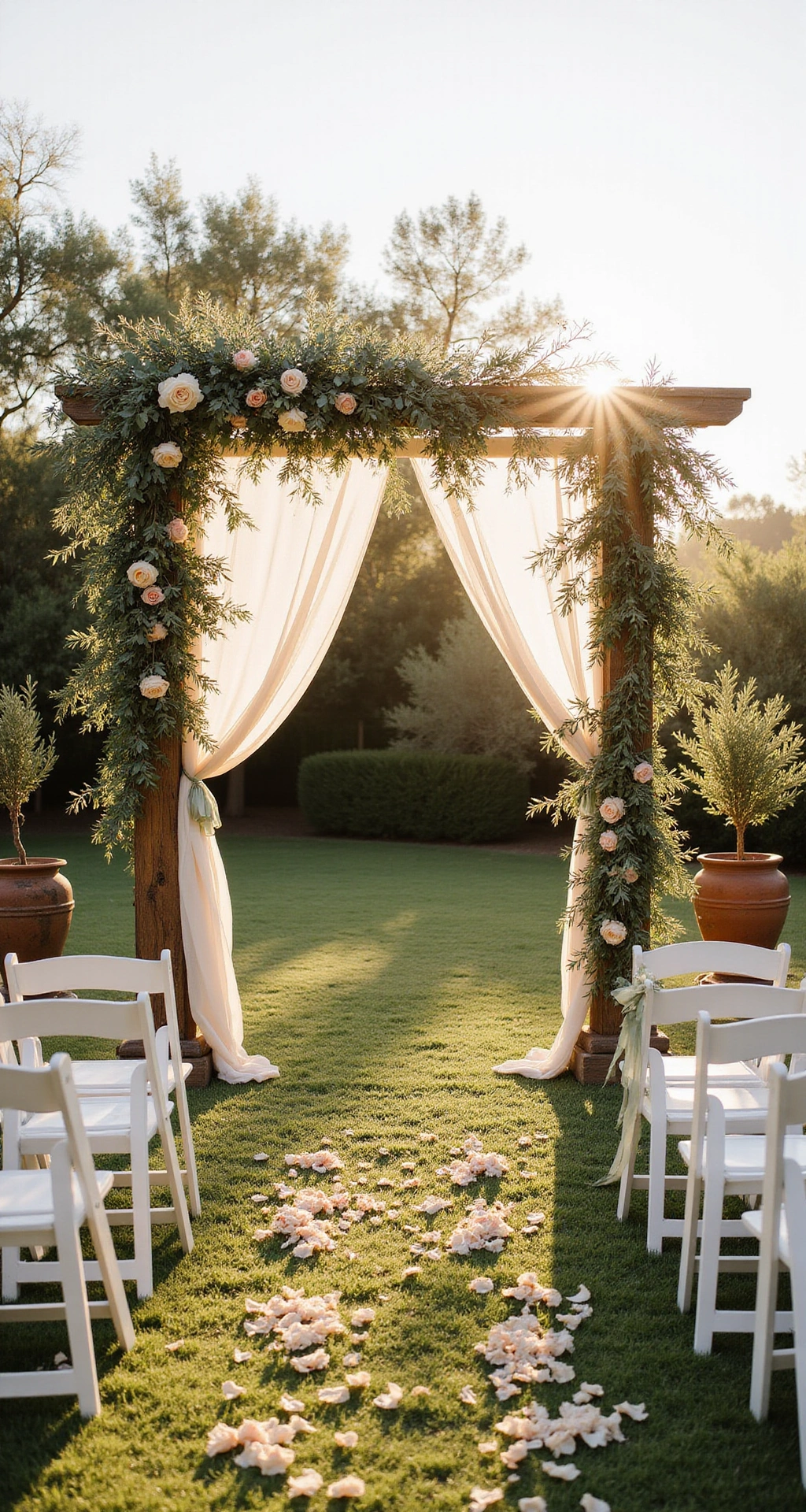Sage Green Wedding Decor: The Complete Guide to Creating an Enchanting Botanical Celebration A wide cinematic shot of a lush outdoor garden ceremony space at golden hour, featuring a natural wood arbor draped in trailing eucalyptus and flowers, surrounded by white wooden chairs arranged in curved rows along a grassy aisle sprinkled with rose petals, framed by potted olive trees.