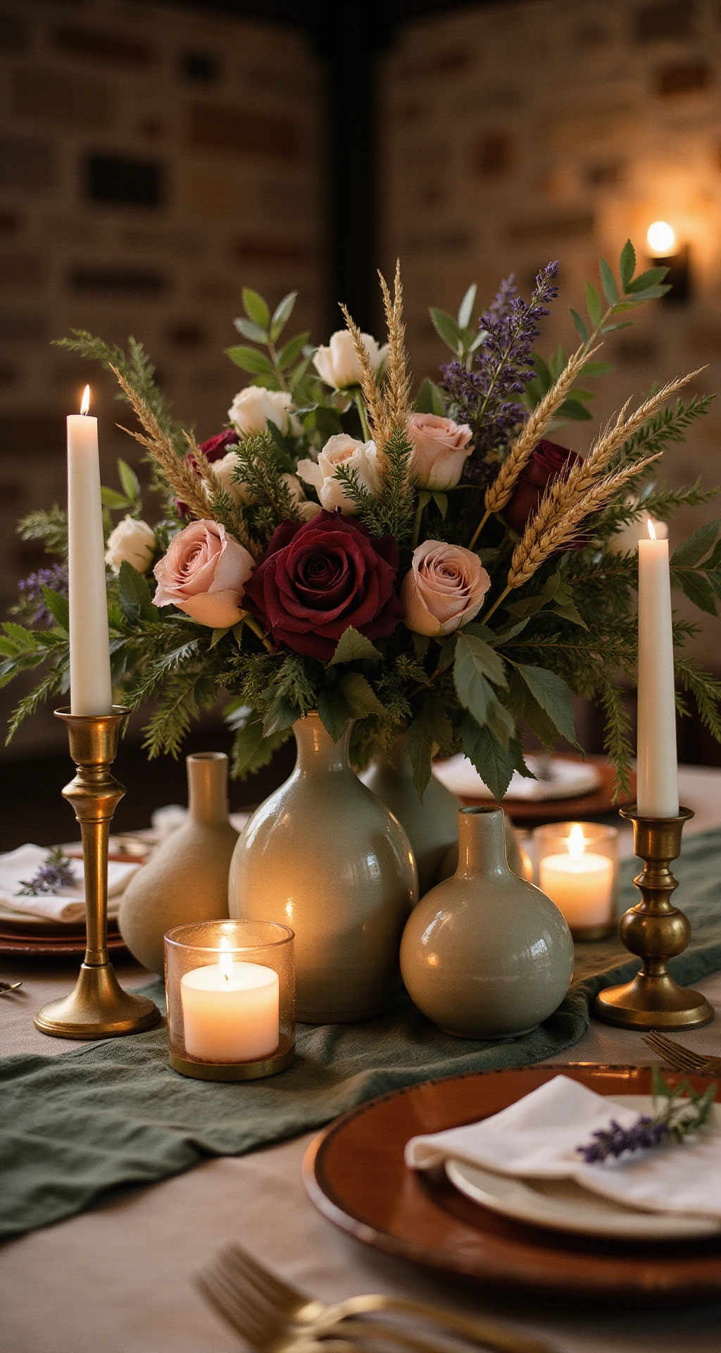 Sage Green Wedding Decor: The Complete Guide to Creating an Enchanting Botanical Celebration A close-up shot of a luxurious wedding reception centerpiece in a stone barn, featuring mismatched ceramic vessels filled with lush flowers and greenery, surrounded by warm candlelight and textured linens.