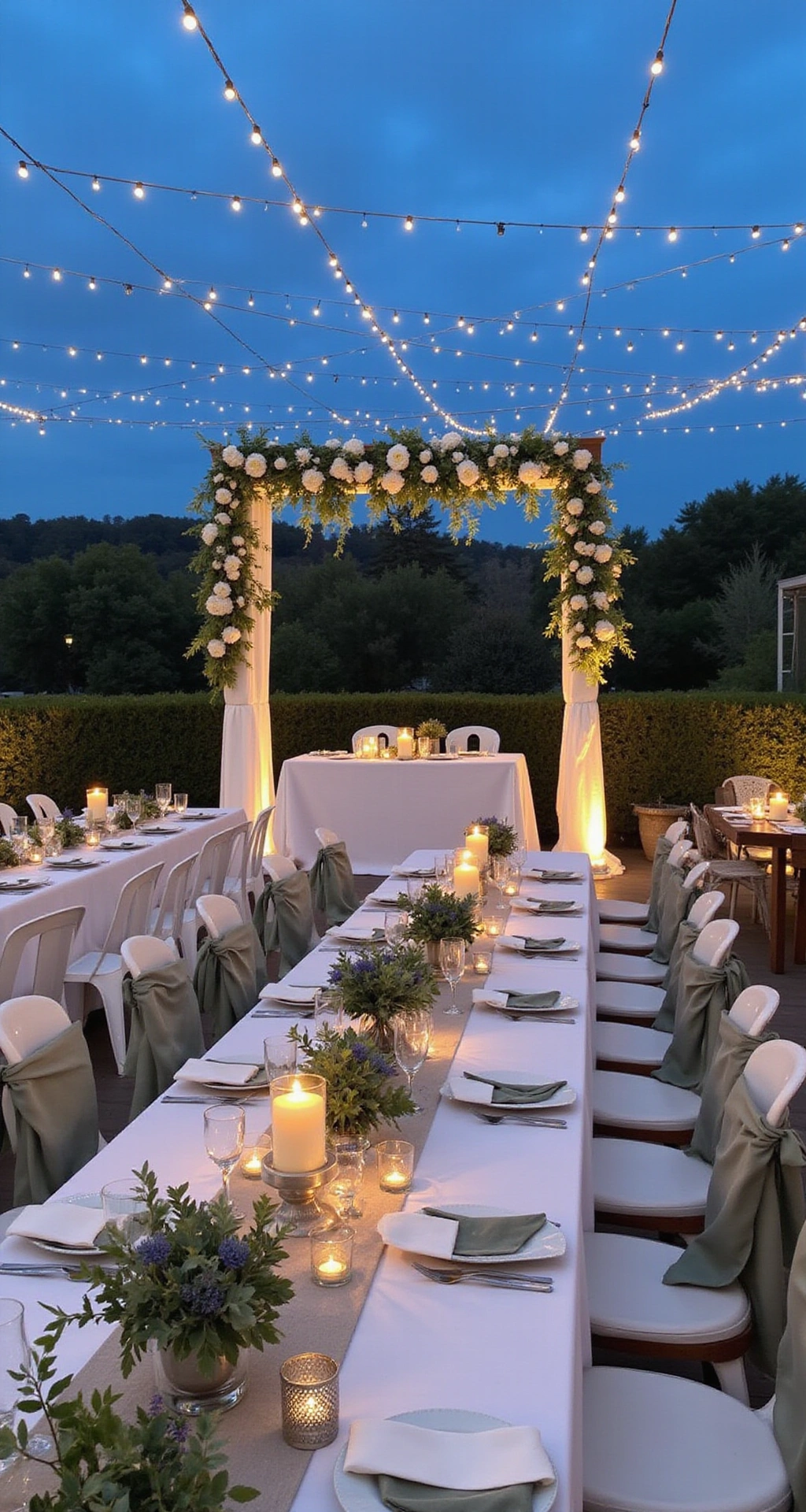 Sage Green Wedding Decor: The Complete Guide to Creating an Enchanting Botanical Celebration A beautifully styled modern rooftop terrace wedding reception in twilight, featuring long rectangular farmhouse tables adorned with white linen tablecloths, sage green napkins, and silver flatware. Centerpieces of clear glass bud vases hold white anemones and eucalyptus, with silver candle votives scattered throughout. A romantic sweetheart table is framed by a floral installation and sheer drapery, while fairy lights create a warm ambiance against a deep blue sky.