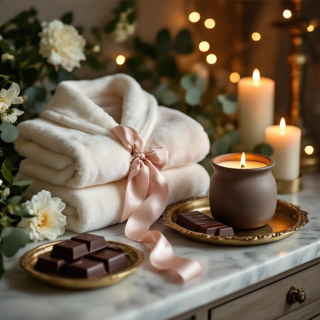 Birthday Gifts That Actually Make People Happy (Not Just Clutter Their Shelves) A cozy indoor birthday celebration featuring a marble vanity table adorned with an ivory plush robe, an amber cedarwood candle, and gold-wrapped artisan chocolates, accented by gardenias and eucalyptus, with soft bokeh fairy lights in the background.