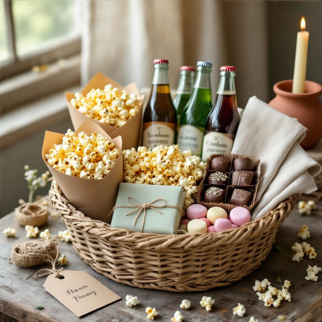Birthday Gifts That Actually Make People Happy (Not Just Clutter Their Shelves) An overhead view of a beautifully arranged birthday gift basket on a rustic wood table, filled with gourmet popcorn, fancy sodas, artisan chocolates, and a monogrammed linen napkin, surrounded by dried flower confetti, kraft gift tags, and a taper candle in a terracotta holder, all in warm caramel, sage green, and cream ivory tones.