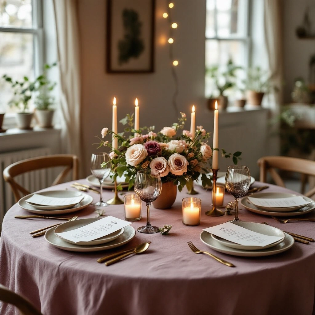 Birthday Gifts That Actually Make People Happy (Not Just Clutter Their Shelves) A romantic candlelit birthday dinner setup for two in a cozy modern apartment, featuring a dusty mauve tablecloth, cream plates, brass cutlery, smoky glassware, a floral centerpiece, taper candles, and soft fairy lights.