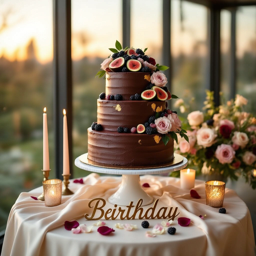 Birthday Gifts That Actually Make People Happy (Not Just Clutter Their Shelves) A luxurious three-tiered birthday cake display featuring a salted caramel chocolate layer cake with dark chocolate ganache, gold leaf accents, and fresh fruit, surrounded by rose petals, candles, and personalized signage, all set against warm golden hour light.