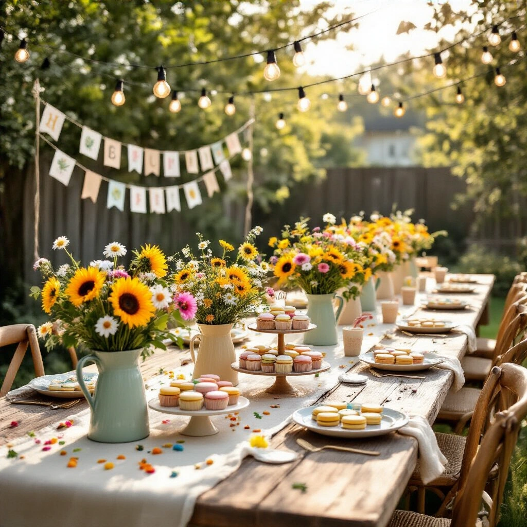 Birthday Gifts That Actually Make People Happy (Not Just Clutter Their Shelves) A sunlit backyard birthday celebration featuring long wooden tables adorned with wildflower arrangements, kraft paper runners, and botanical confetti, surrounded by rattan chairs with throws, colorful desserts on tiered stands, and a whimsical backdrop of string lights and pastel balloons.