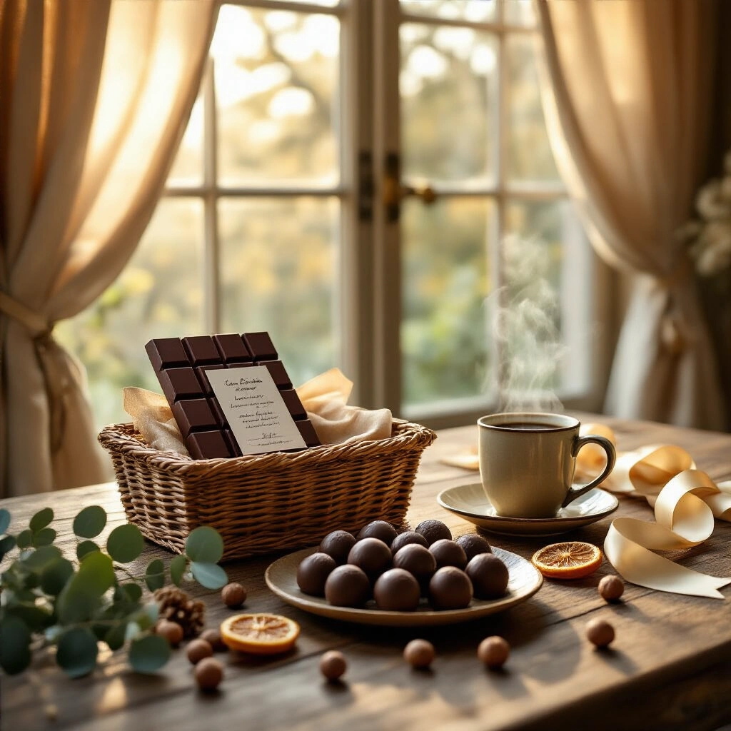 The Chocolate Lover's Ultimate Gift Guide: Ideas That Actually Impress A beautifully arranged chocolate gift creation station featuring a wicker basket with a dark chocolate bar, ganache truffles, chocolate-covered hazelnuts, and a steaming mug of coffee, all illuminated by soft golden morning light streaming through linen-curtained windows, set on a rustic wooden table with eucalyptus sprigs, dried oranges, and decorative ribbons.