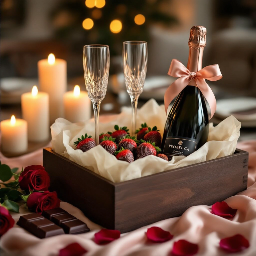 The Chocolate Lover's Ultimate Gift Guide: Ideas That Actually Impress A romantic chocolate hamper arrangement featuring crystal champagne flutes, a prosecco bottle with a rose-gold ribbon, and chocolate-covered strawberries, surrounded by rose petals and dark chocolate bars, illuminated by candlelight in a cozy dining nook.