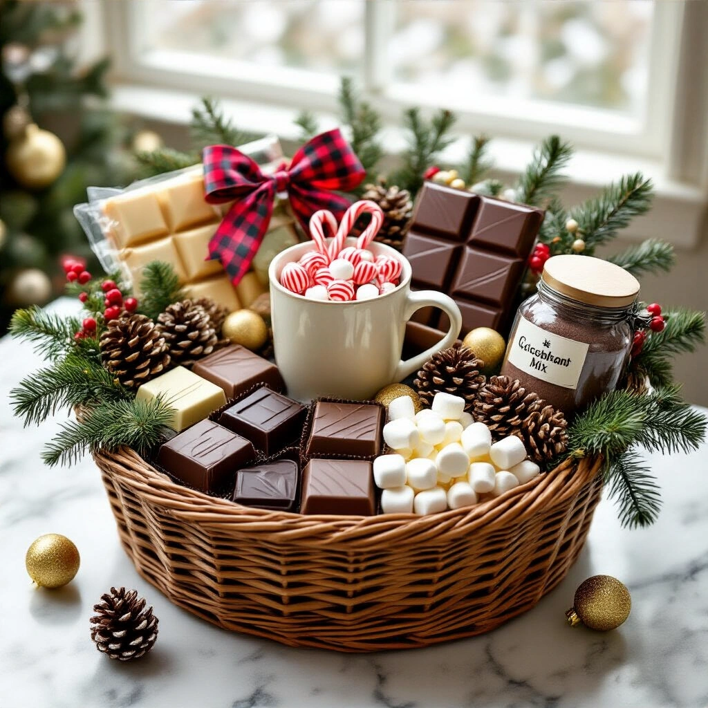 The Chocolate Lover's Ultimate Gift Guide: Ideas That Actually Impress A festive holiday chocolate hamper overflowing with various chocolates, a ceramic mug with candy canes and marshmallows, artisan peppermint bark, and hot chocolate mix, surrounded by evergreen branches, pinecones, gold ornaments, and a deep burgundy and forest green ribbon bow on a marble countertop.