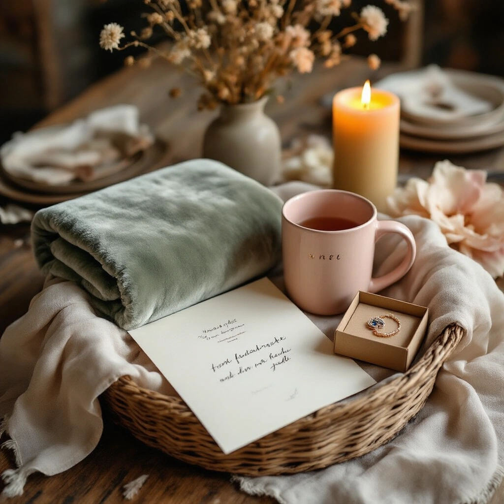 Cute Gift Ideas for Your Best Friend That'll Make Her Cry Happy Tears A warm, golden-hour scene featuring a thoughtfully arranged friendship gift basket on a reclaimed wood table, adorned with a sage throw blanket, a blush ceramic mug, delicate jewelry in a kraft box, and a handwritten letter, surrounded by dried florals, an amber candle, Polaroid photos, and pastel tissue paper, all in warm ivory and dusty blush tones.
