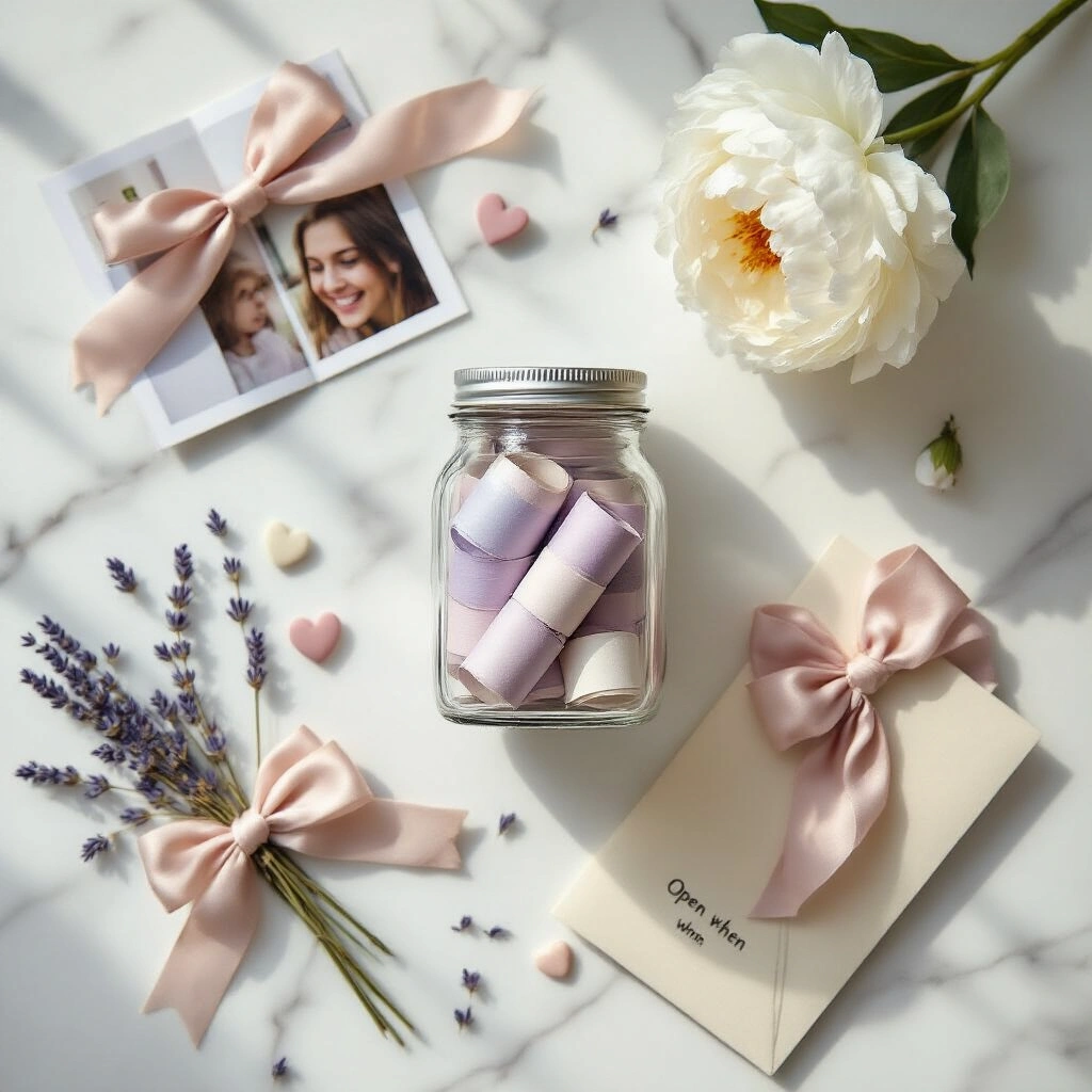 Cute Gift Ideas for Your Best Friend That'll Make Her Cry Happy Tears An overhead flat-lay photograph of a handmade memory jar filled with rolled pastel paper strips on a white marble surface, surrounded by a personalized photo book, dried lavender, a dusty rose ribbon bow, stacked linen envelopes with calligraphy, tiny ceramic hearts, and a fresh white peony, all bathed in soft morning light.