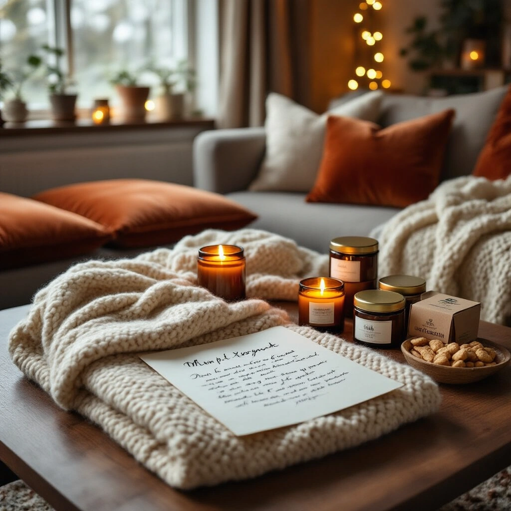Cute Gift Ideas for Your Best Friend That'll Make Her Cry Happy Tears A cozy living room nook with a candlelit ambiance, featuring a low walnut coffee table adorned with a chunky cream knit throw and velvet cushions in dusty sage and terracotta. At the center, a partially unwrapped best friend care package reveals a cashmere blanket, glowing amber-glass candles, gourmet hot chocolate tins, a silk sleep mask, and a handwritten letter, complemented by local snacks and a photo strip. Soft fairy lights provide a warm, golden glow against the background.