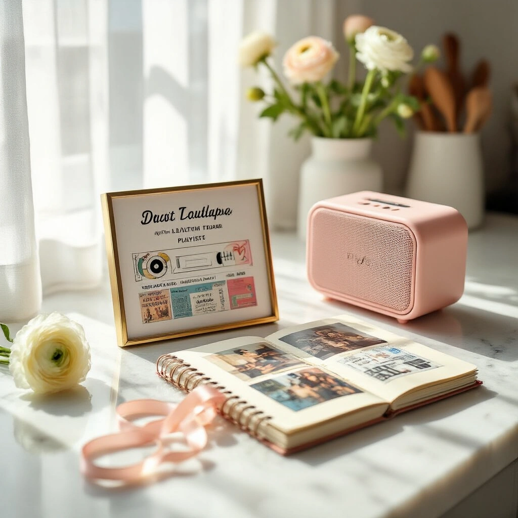 Cute Gift Ideas for Your Best Friend That'll Make Her Cry Happy Tears A bright kitchen scene featuring a retro-style mixtape playlist card in a gold frame, a pastel pink Bluetooth speaker, an open handmade scrapbook with candid photos and ticket stubs, loose blush and gold ribbon, a single white ranunculus bloom, and kraft favor tags, all arranged on white quartz countertops illuminated by midday sunlight.